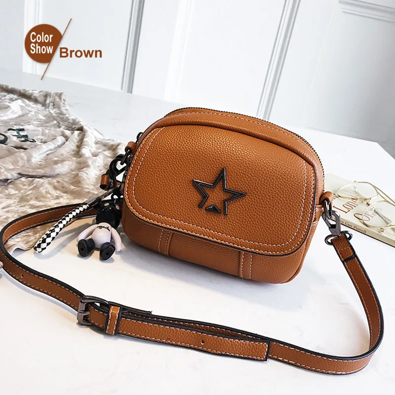 Beibaobao Flap PU Leather Mini Handbag Hotsale Lady Shoulder Bag Women Satchel Shopping Purse Messenger Crossbody Bags Star - Цвет: Коричневый