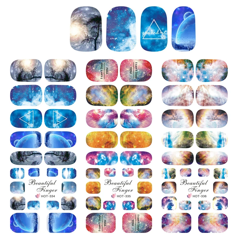

3 Sheets charming And fantasy Sky Universe full cover water transfer Nai Art Stickers Decal Mysterious Colors Whole Sale