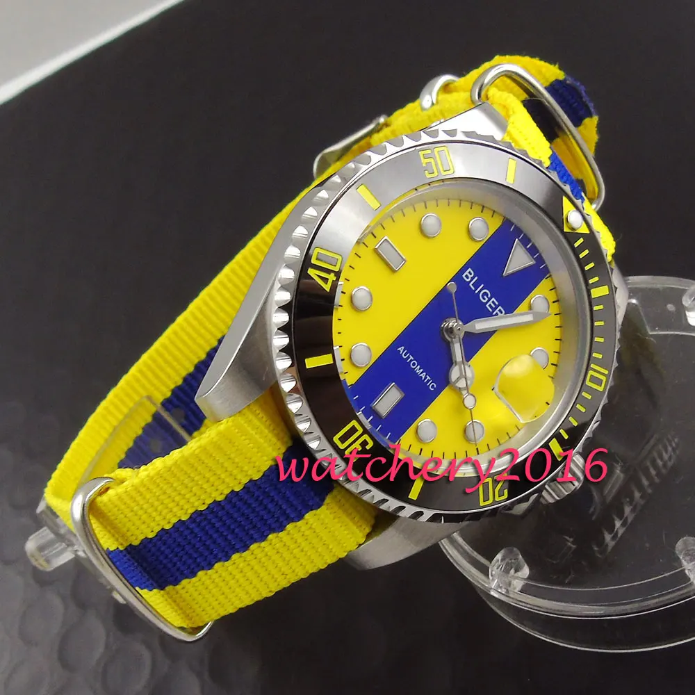 Luxury 40mm Bliger yellow & blue dial date window luminous marks sapphire automatic movement Men's Watch Luxury 40mm Bliger yellow & blue dial date window luminous marks sapphire automatic movement Men's Watch