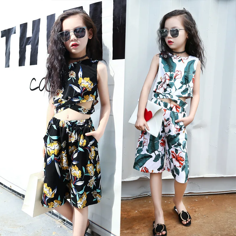 

Kids Girls Clothing Sets Behemian Bare Midriff Floral Vests & Loose Shorts 2Pcs 2 3 5 7 9 11 12 Years Cotton Print Girls Outfits