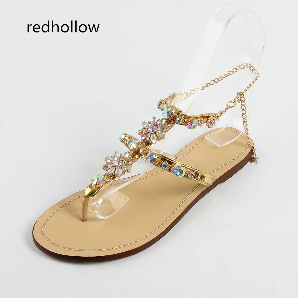 

Woman Sandals Women Shoes Fashion Rhinestones Chains Thong Gladiator Flat Sandals Crystal Chaussure Sandalias Mujer Plus Size 47