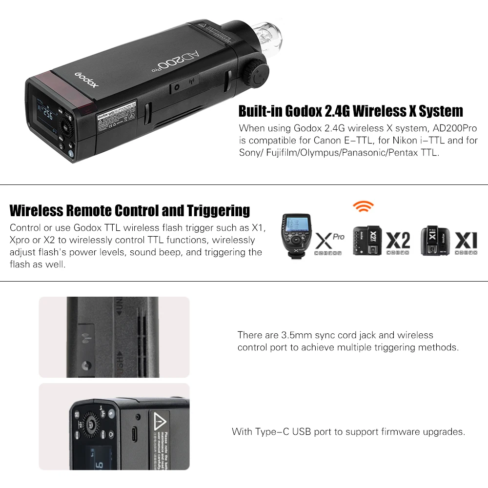 Godox AD200pro 200Ws наружный светильник-вспышка AD200 PRO Карманный светильник-вспышка для sony Nikon Canon Fuji ttl HSS 2,4G Беспроводная система X