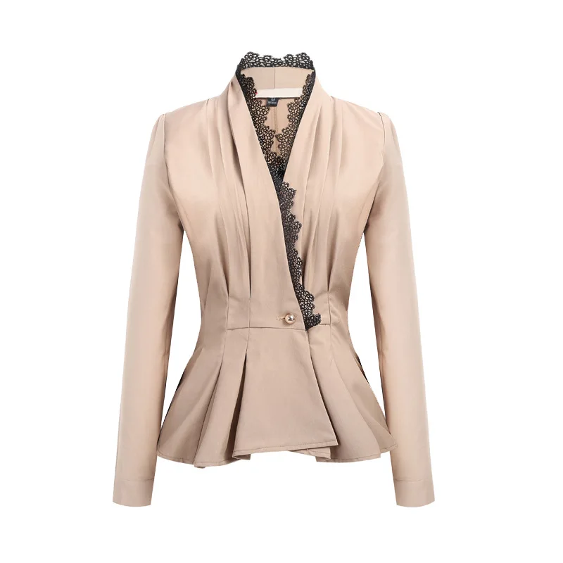 

2019 Fashion Blazers Women V Neck Lace Patchwork Office Lady Suit Slim Black Single Button Business Female Blazer Coat 10255