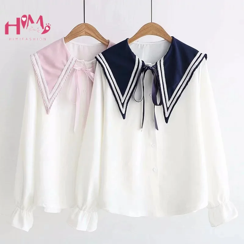 

Japanese Preppy Sailor School Uniform Blouse Lace Up Sweet Navy Pink Collar Lolita Costumes Suit Woman Girls White Shirts Tops