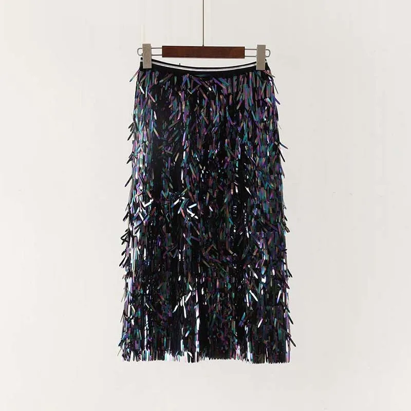 Женская юбка миди с металлическими пайетками и бахромой, эластичная талия, до середины икры, вечерние, Клубные, диско-королевские, радужные, серебристые, черные - Цвет: Iridium Blue