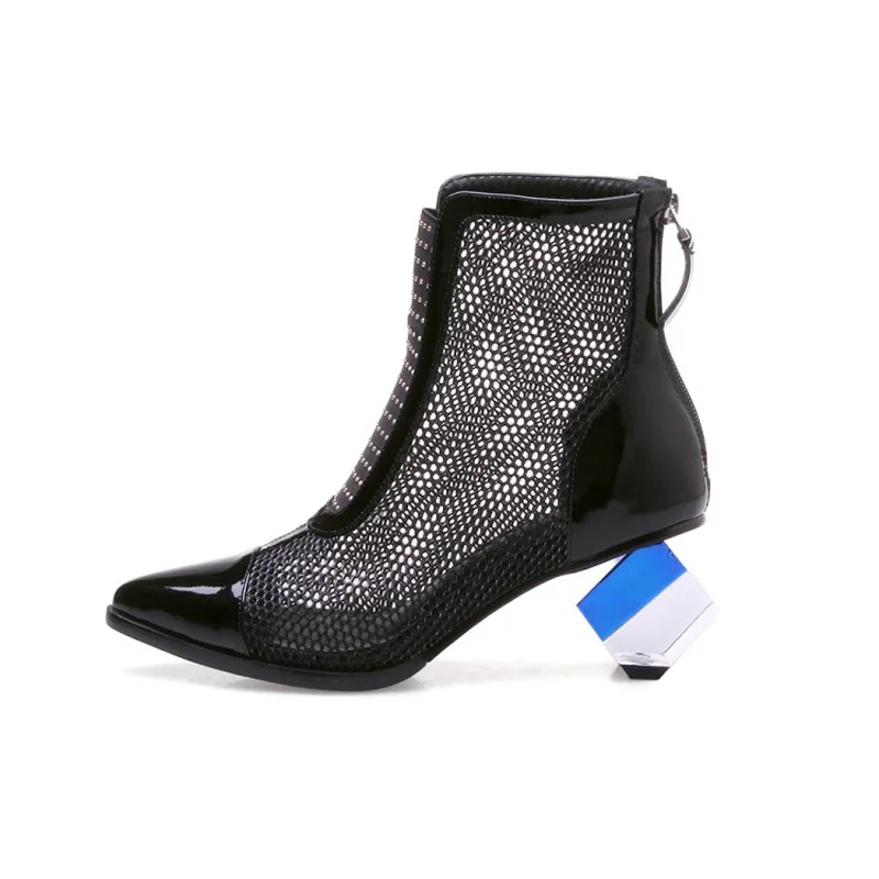 Summer Boots Shoes Woman 2018 Spring Fashion Mesh Ankle Boots For Women Patent Genuine Leather Color Block High Heels For Woman (19)