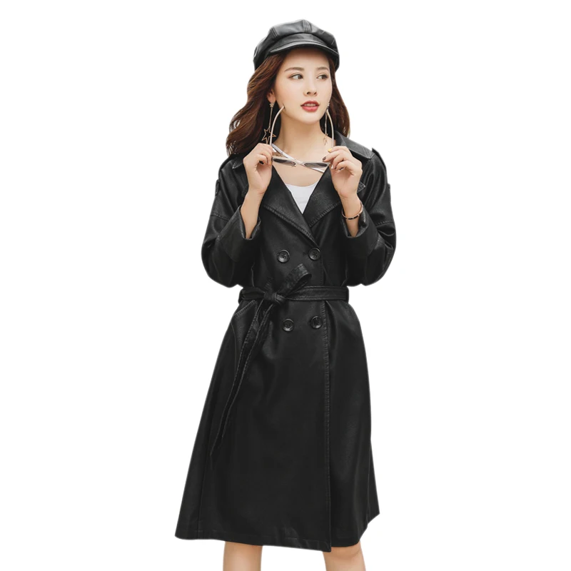 SWREDMI Женский черный кожаный Тренч свободное кожаное пальто с поясом размера плюс Повседневная Длинная женская кожаная одежда Casaco Feminino - Цвет: Черный