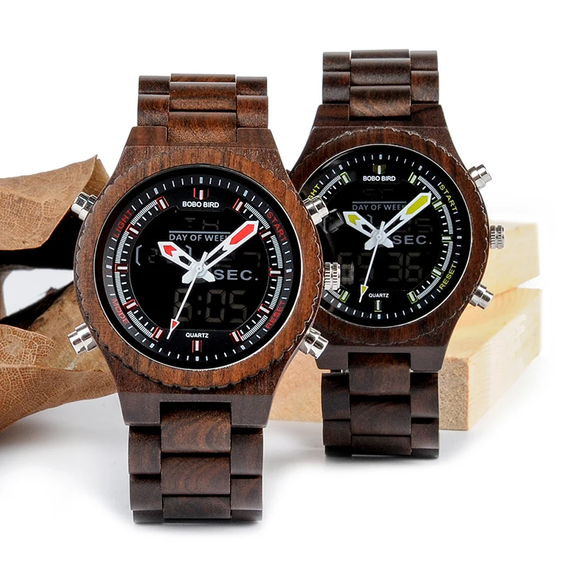 Manufacture BOBO BIRD L- P02 Classic Men Wooden Watches Quaint Luxury Alarm Clock Men Ebony Wood Band Dual Display Watch