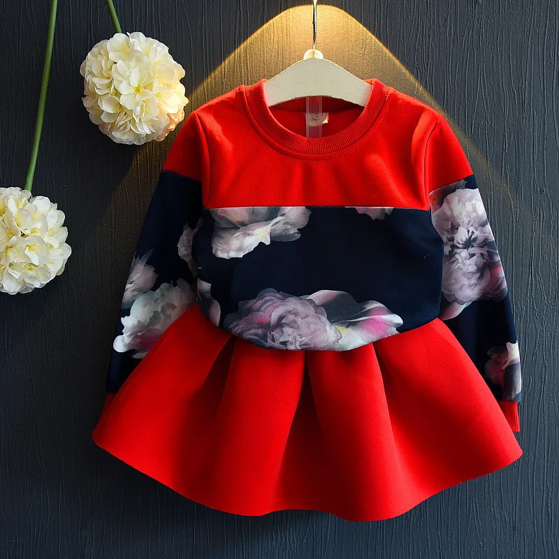 

2016 New Girls T Shirt And Skirt Set Flower Long Sleeve Autumn Clothes Party And Wedding Clothing For Kids Girls Two Piece Sets