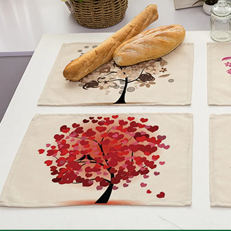 الملونة شجرة سعيدة نمط المطبوعة الكتان المفارش مكان حصيرة الجدول حصيرة عشاء كوستر مطبخ accessiories الملونة شجرة سعيدة نمط المطبوعة الكتان المفارش مكان حصيرة الجدول حصيرة عشاء كوستر مطبخ accessiories