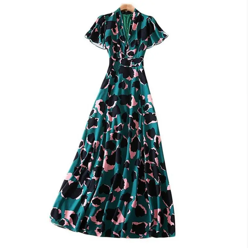 Дизайнерское подиумное платье высокого качества женское платье с рукавом-бабочкой и глубоким v-образным вырезом с леопардовым принтом Макси длинное платье SAD385