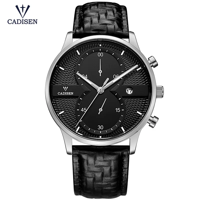 Cadisen мужские часы с хронографом и кожаным ремешком модные повседневные деловые Аналоговые кварцевые наручные часы для мужчин черный 9055G-1 - Цвет: CL9055G-HGH