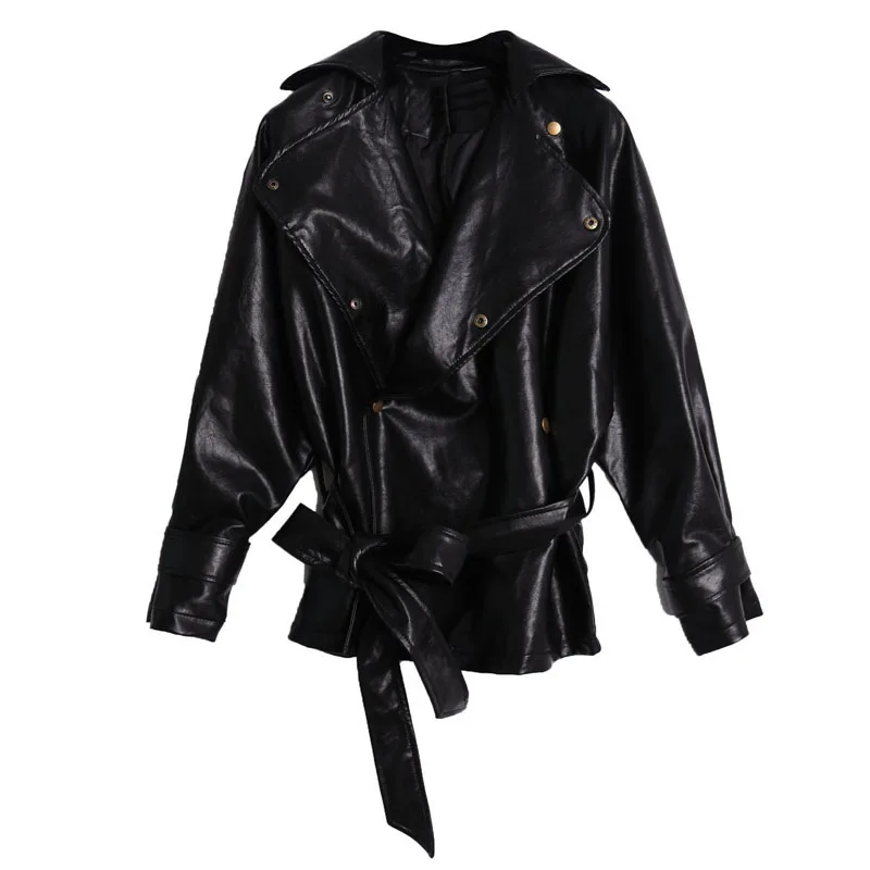 [EAM] 2019 New Spring Solid Color PU Leather Coat Slim Short Lace Up Shrink Waist Jacket Women Fashion Tide LA940
