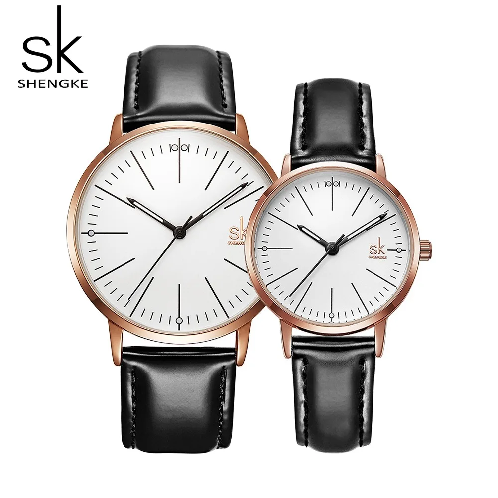 Relógio de Quartzo Presente para os Amantes Shengke Novo Casal Couro Preto Estilo Negócios Relógios Masculinos Unisex Mhorloges Mannen