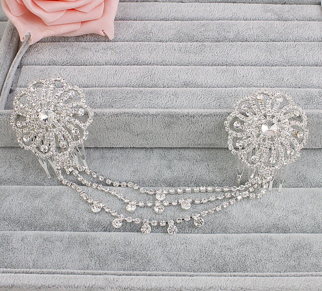Bridal Tassel Hair Comb Head Chain Clear Rhinestones Headband Flower