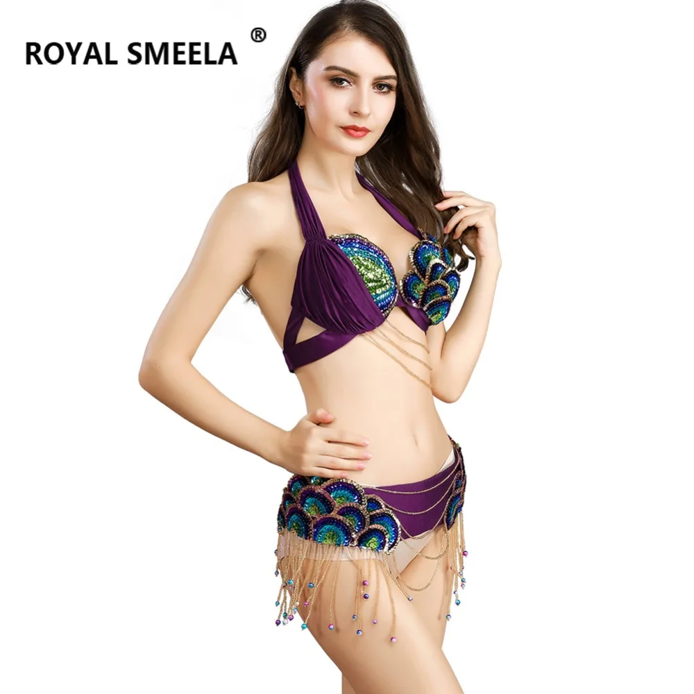

2019 Free Shipping Belly Dance Costume Clothes Oriental Bellydance Beaded Top Bra & Belt 2 Pcs Set Outfit three colors--8818