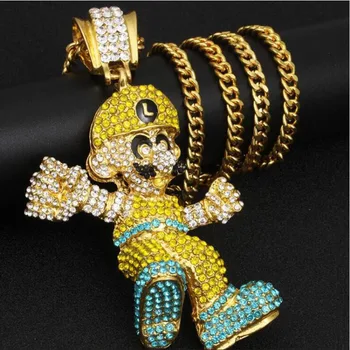 

Fashion Cartoon Character Mario Big Pendant Necklaces Women Men Hip Hop Jewelry Statement Rhinestone Gold Long Chain Necklace