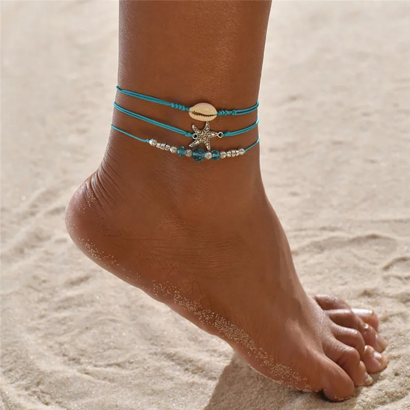 

NEWBUY 3Pcs/Set Blue Rope Chain Women Leg Bracelet Vintage Boho Starfish Natural Shell Beads Anklets For Women Girl Wholesale