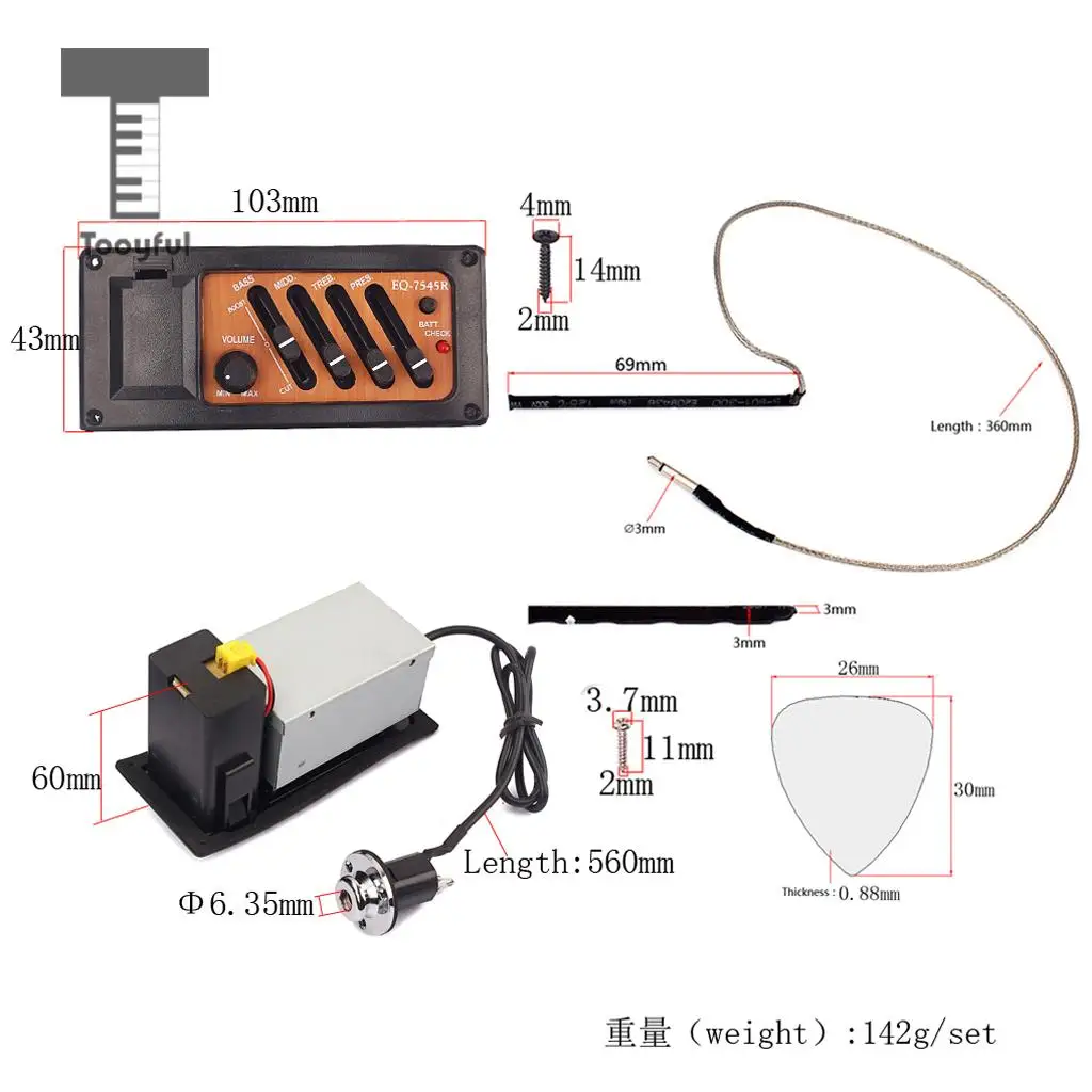 Tooyful Guitar 4 Band Preamp Amplifier EQ 7545R Pickups Yellow for Acoustic Guitar/ Cigar Box Guitar Parts