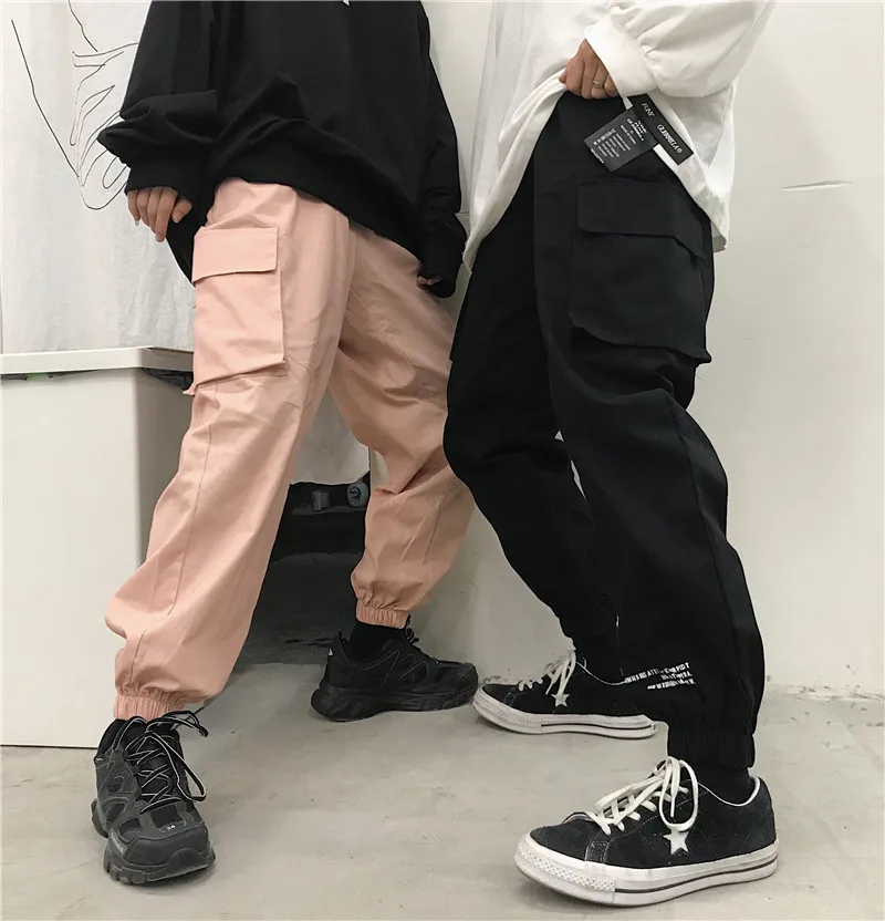 

Harajuku Pants Women Loose Large Pockets Foot Letters Print Casual Overalls Unisex Pants New Casual Long Pants Female