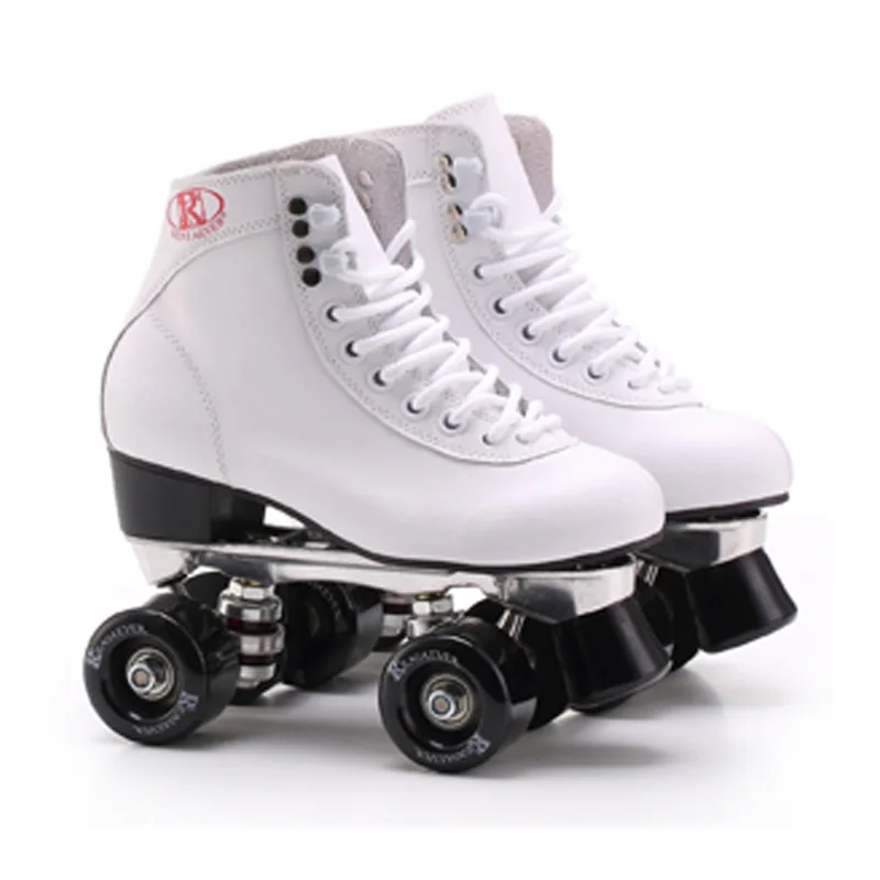 Double Roller Skates White Genuine Leather With Black