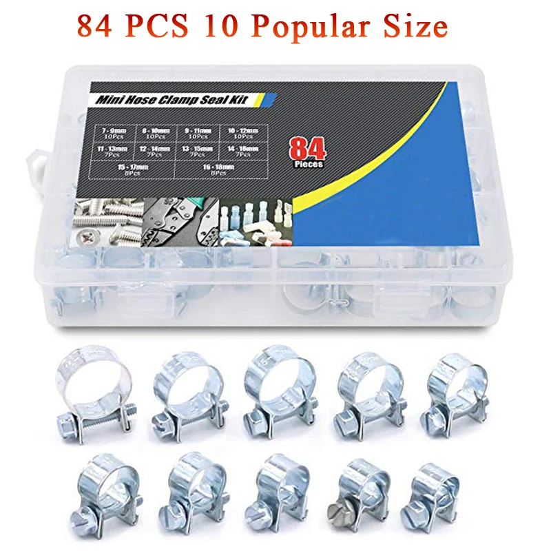 84Pcs 10 Size Mini Fuel Injection Style Hose Clamp Assortment Kit For