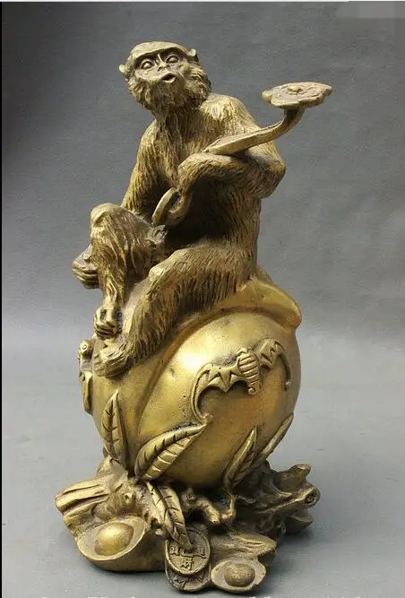 

free 9" Chinese Folk Brass Hold RuYi Monkey Sit Wealth YuanBao Peach Statue Sculpture fast