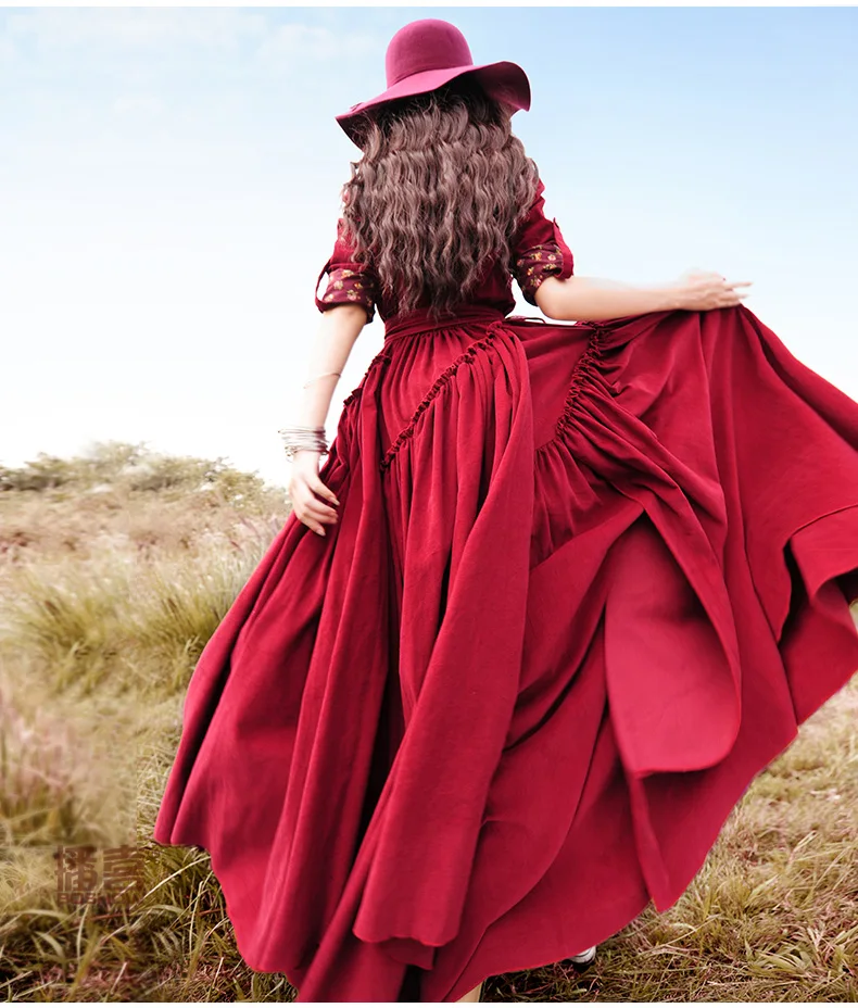 BOSHOW, весна-осень, женское элегантное красное вельветовое макси платье, женское винтажное длинное платье, халат, длинное женское платье, vestidos verano