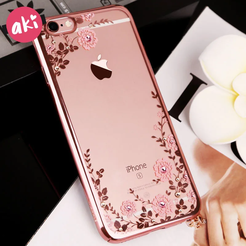 

AKI Rhinestone Cases for iPhone X 8 7 6 6s Plus Case Soft Silicone TPU Bling Rose Luxury Artificial Diamond Secret Garden Covers