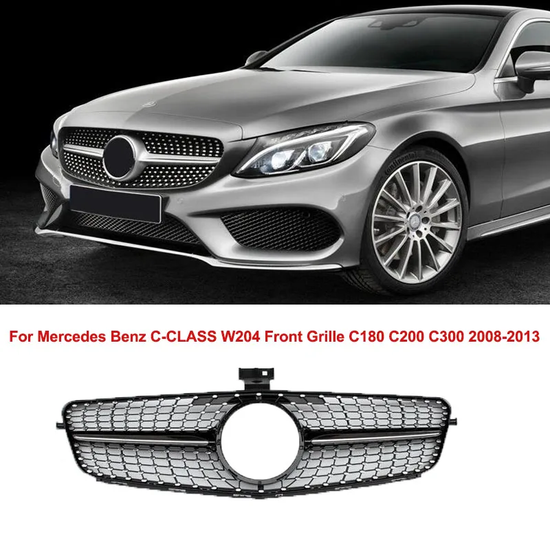

Chrome Front Grille Upper Grill For Mercedes Benz C-CLASS W204 C200 C300 2008 2009 2010 2011-2013 Diamond Star GT R AMG Style