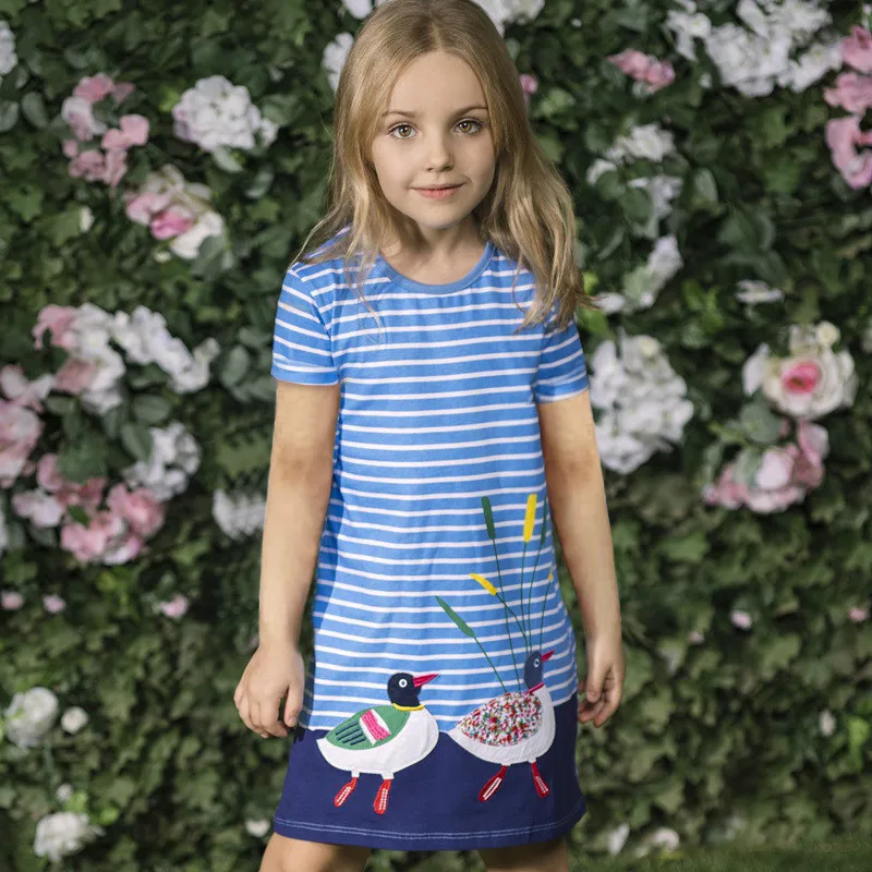 

2-6 years Summer Baby Girls Dresses Toddler Infant Baby Kids Cartoon Striped Animals Pattern Appliques Clothes Short Sleeve Tops