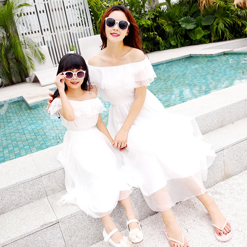 

Summer mother daughter dresses sleeveless white dress woman girl shoulder-straps dress Girls chiffon Princess dresses