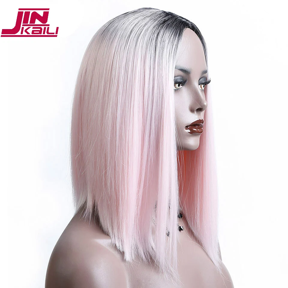 JINKAILI Ombre Pink Black Short Straight Heat Resistant Synthetic Hair Wig For Black/White Women Cosplay Party Bob Wigs JINKAILI Ombre Pink Black Short Straight Heat Resistant Synthetic Hair Wig For Black/White Women Cosplay Party Bob Wigs