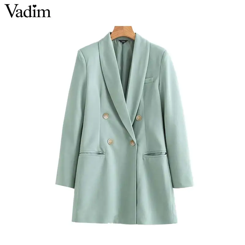 

Vadim women chic long blazer double breasted pockets long sleeve office wear coats solid female casual outerwear tops CA503