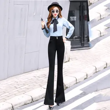 

2018 Spring and Sutumn new Korean trousers Slim Split Micro Bell pants Black High waist Slim Wide Leg Casual pants Size S-XXL