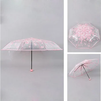 

Women Transparent Clear Rain Sun Umbrella Folding Romantic Sakura Cherry Flower Umbrellas P7Ding