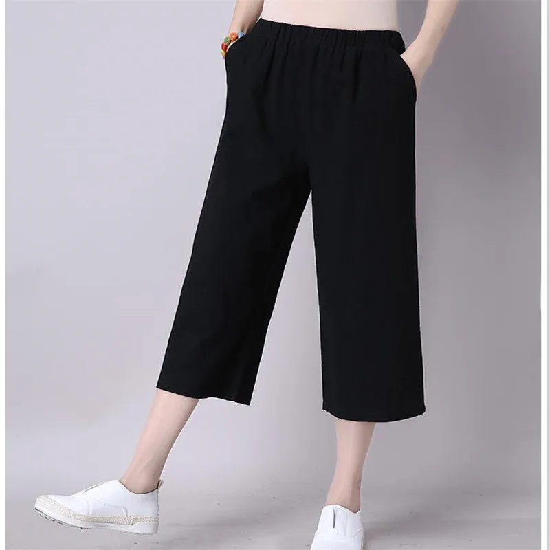 2019 Summer Women Cotton Linen Straight Pants Elastic