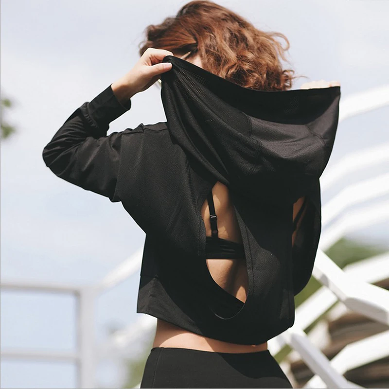 

Sport Shirt Women Gym Long Sleeve Women Hooded Backless Yoga Top Women Running Shirt Sport Top Fitness Women Yoga Shirt Gym Top