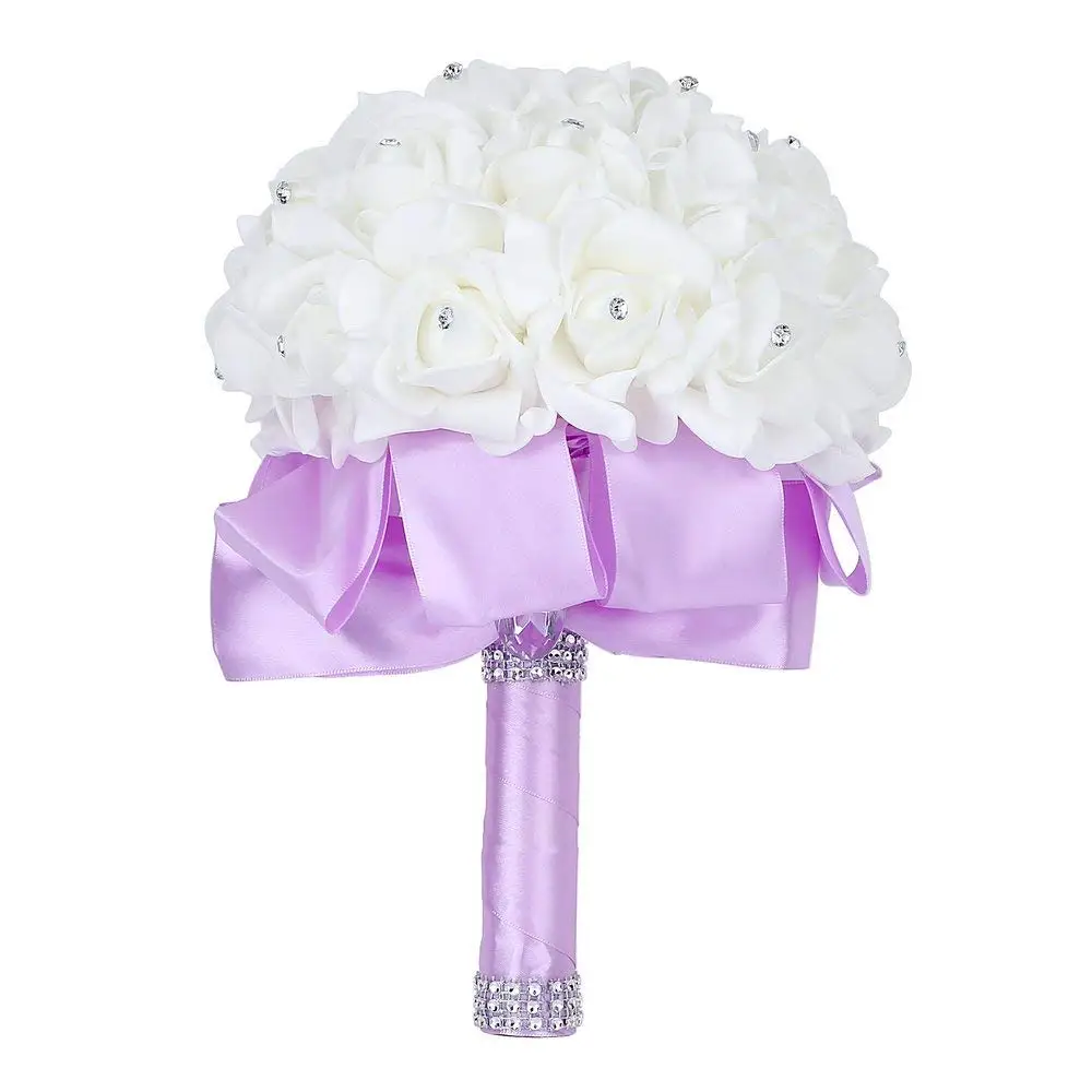 2019 Handmade Beautifu Lilac Bridal Bridesmaid Flower Wedding Bouquet Artificial Rose Ribbon Crystal Bouquets de noiva | Свадьбы и