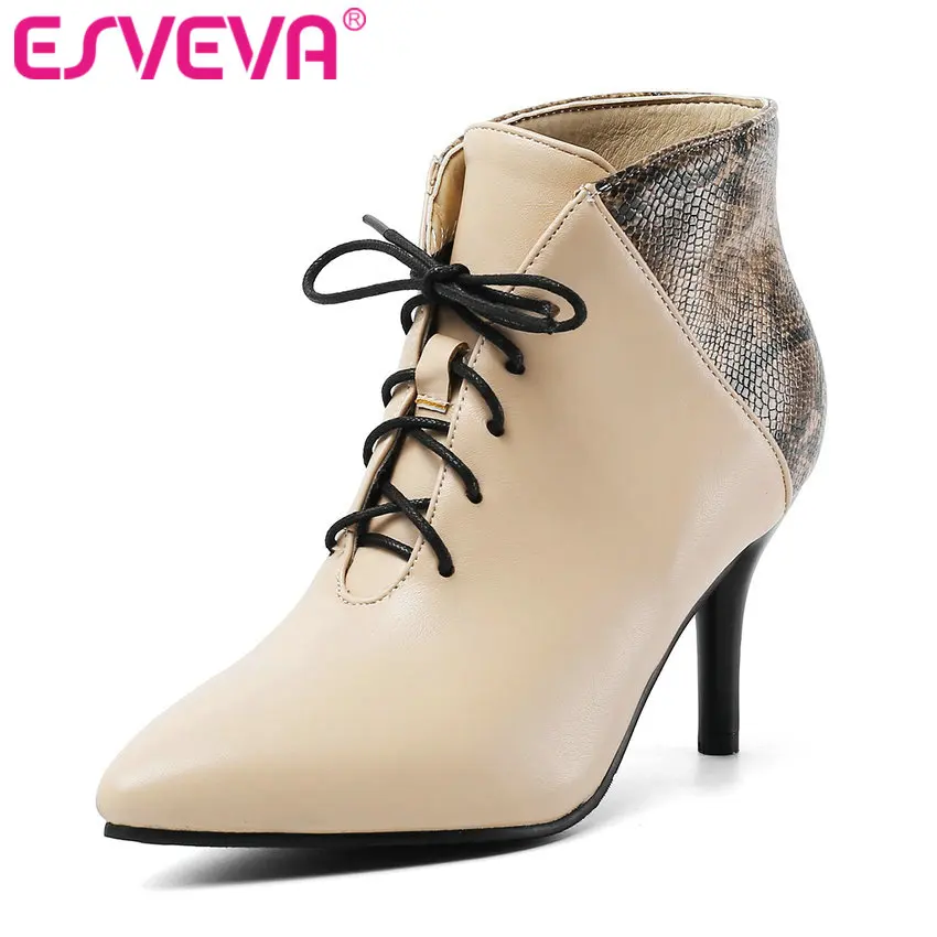 

ESVEVA 2020 Women Shoes Winter Ankle Boots Mixed Color Thin High Heel Lace Up Pointed Toe Motorcycle Platform Boots Size 34-43