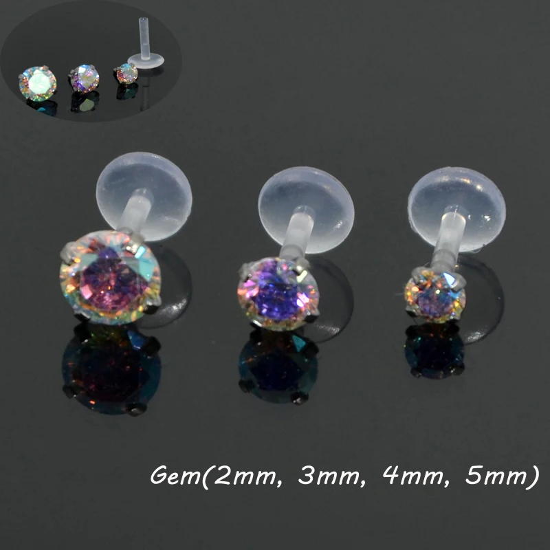 

Aurora Multicolor Gem Bioplast Labret Flexible Monroe Labret Lip Bar Ring Earring Push Fit Top 16g Ear Tragus Cartilage Piercing