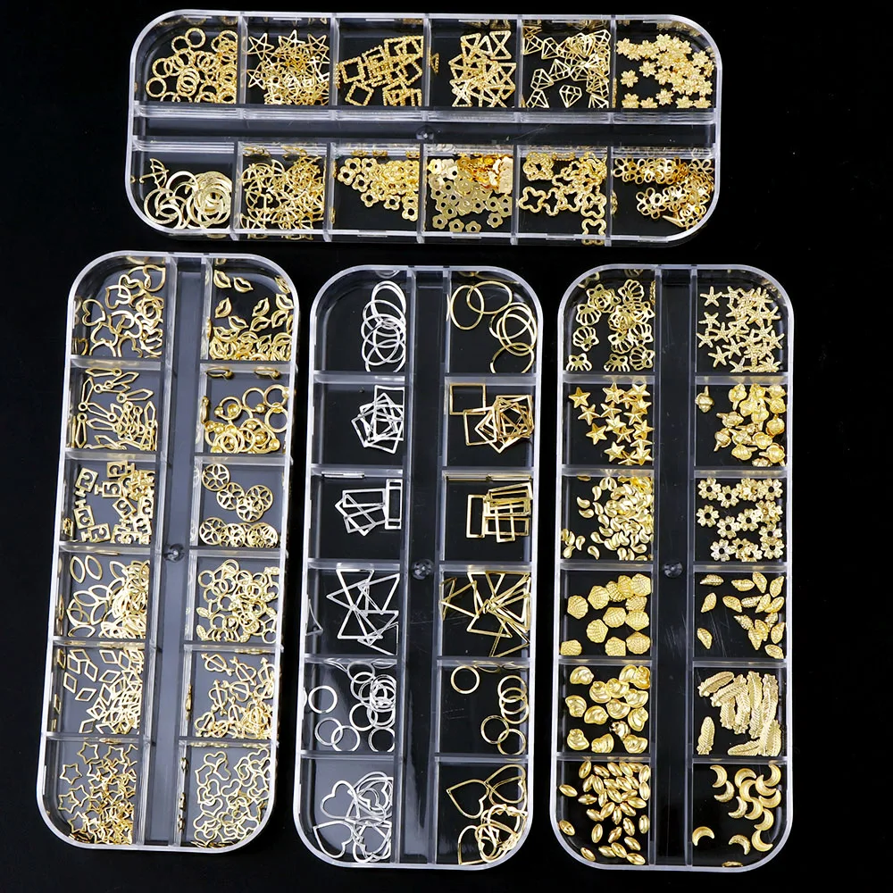 

1 Box 12 Grid Mixed Shape Metal Alloy Rivet Nail Art Decoration Hollow Accessories Tips DIY Design UV Gel Polish Manicure Tools