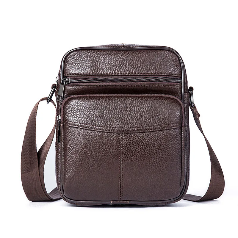Pure Genuine Leather Men's Bags Litchi Pattern Pure Men Shoulder Bags Cow Leather Casual Soft Surface Zipper Men Crossbody bags