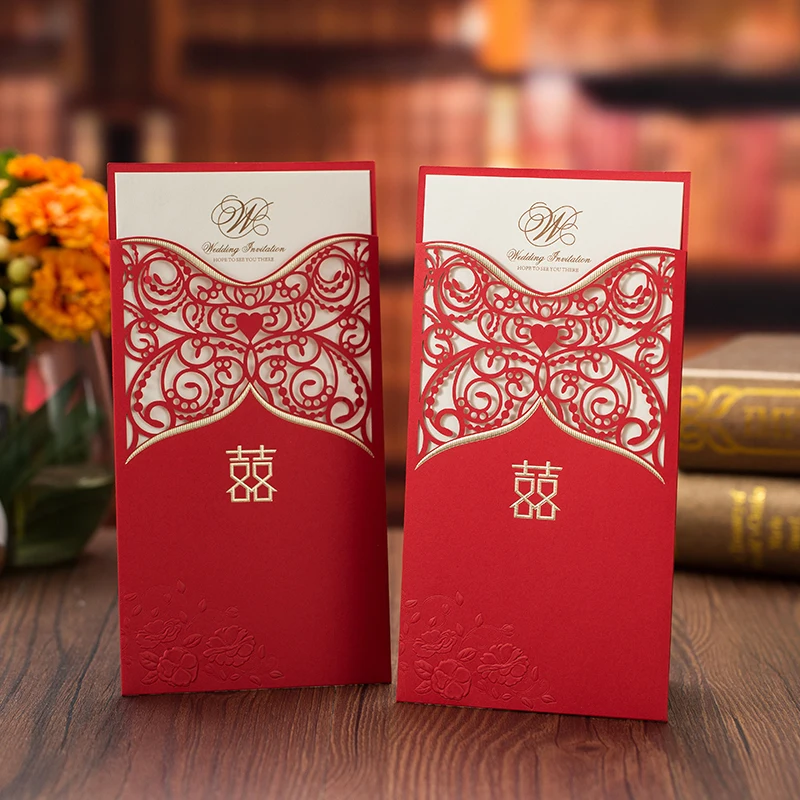 50 шт. модная красная лазерная резка свадебные приглашения карты вечерние Пригласительные открытки с тематика "Счастье для двоих" стиль, 2 цвета