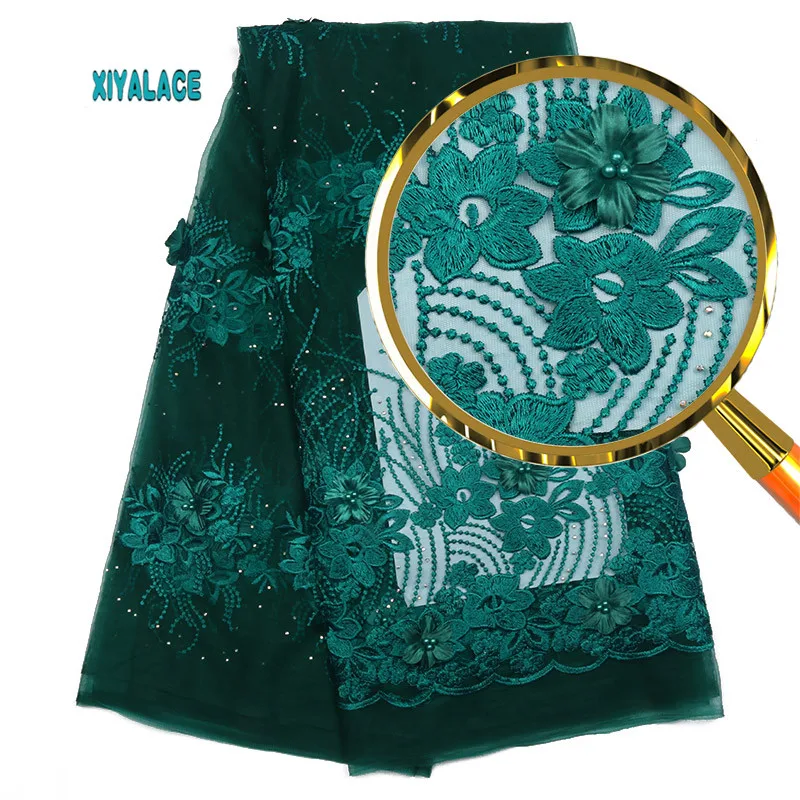 Африканская кружевная ткань высокого качества Кружева 3D Цветы Tullle кружевная ткань французская кружевная ткань с бусинами для бисер YA2009B-1