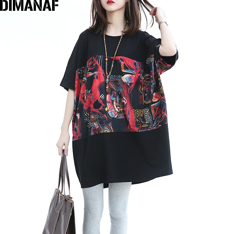 DIMANAF Women Plus Size T-Shirt Cotton Summer O-Neck Pattern Batwing Sleeve Print Patchwork Female Casual Oversize Loose T-Shirt