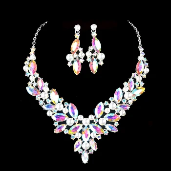 

Fashion Delicate Crystal pearl women jewelry sets Bridal wedding necklace earrings set Christmas Jewelry gift accessories