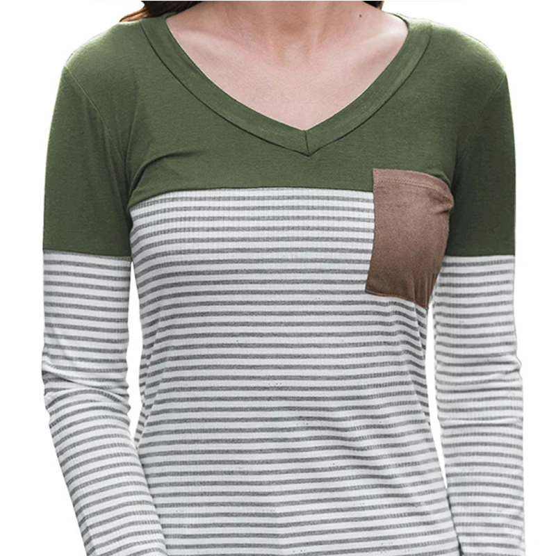 QLuoYi Women 2018 AutumnLong Sleeve Tshirt Leisure Fashion Slim Fit Stripe V-neck Tops Tees Autumn Shirt for Women Clothes 8.10 Tops