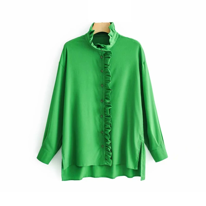 

Green Ruffled Collar Blouse 2019 Spring Women Lovely Short Front Long Back Shirt Ladies Casual Button-fly Shirts Girls Cute Tops