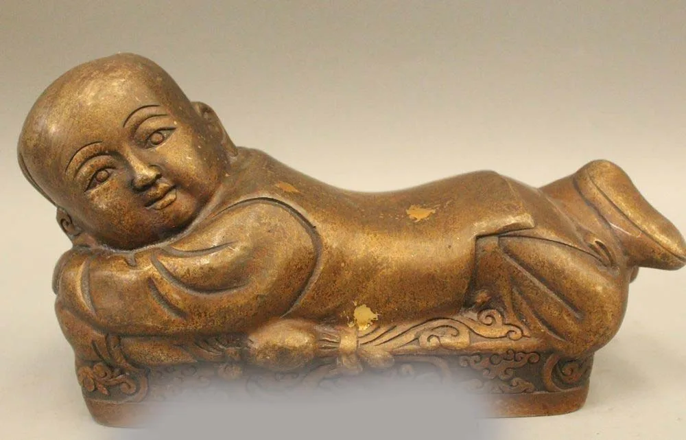 

5"Lovely Chinese Buddhism Bronze Young Boy Buddhist Monk Bonze Go prone Statue
